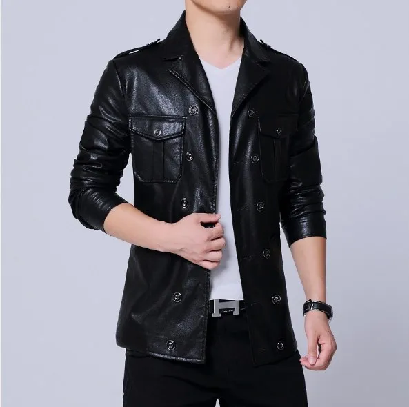 China Style Mens Double Breasted Faux Leather Jacket Men Turn Down Collar Pu Coat Slim Outerwear Many Pocket 4XL 5XL | Мужская одежда