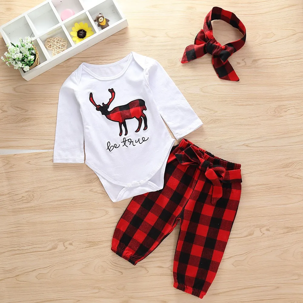 3PCS Christmas Toddler Baby Deer Romper+Plaid Print Pants+Hat+Headbands Unisex Kids Clothing Sets bebes Clothes #WS | Детская одежда и