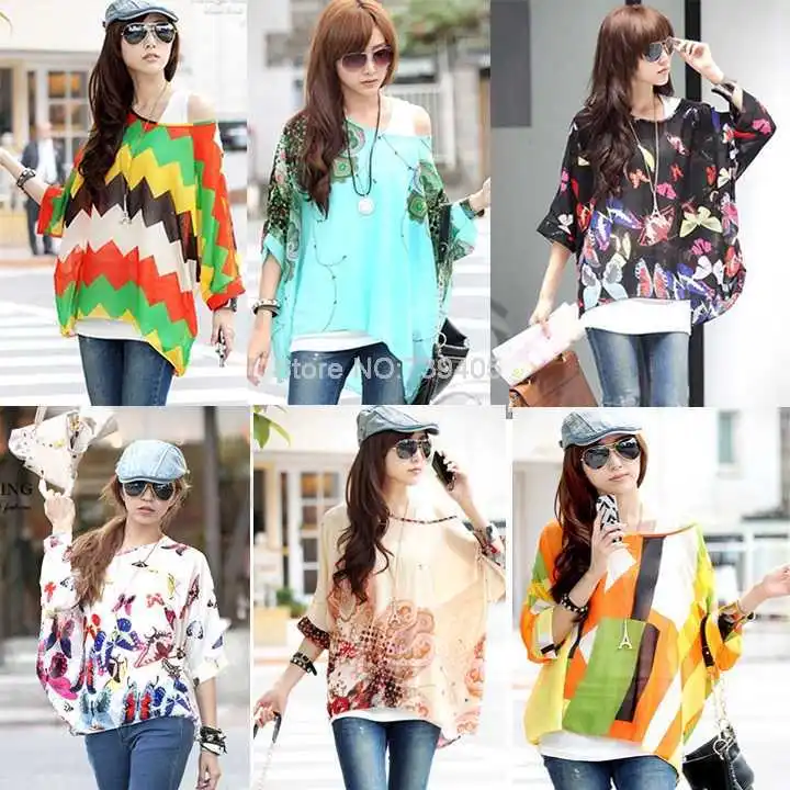 New 2014 Summer Women Bohemian Shirts Blouses Three Quarter Batwing Sleeve Chiffon Tops Large Size Loose Clothing L XL | Женская одежда