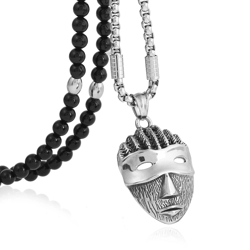 

Men Punk Stainless Steel Mask Pendant Necklace with Black Natural Stone Chain 26"