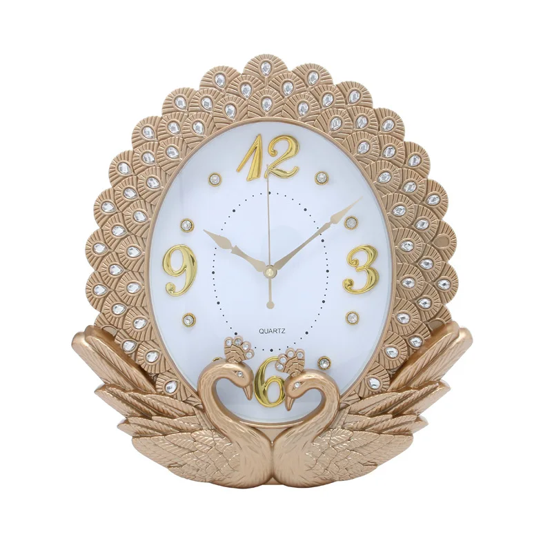 Creative New home decor European saat Timepiece swan diamond painting Peacock Lace Wall Clock Bedroom Silent Vintage Wall Clock - Цвет: Gold