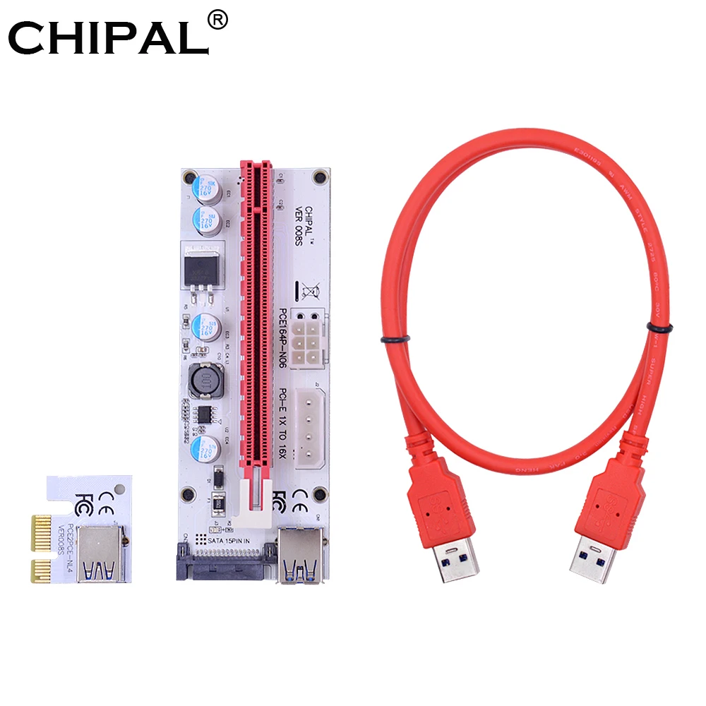 CHIPAL VER008S 60 см 100 см PCI-E Райзер-карта 008S PCI Express 1X 16X удлинитель 4Pin 6Pin 15Pin SATA Power светодиодный для графического процессора Майнер - изображение