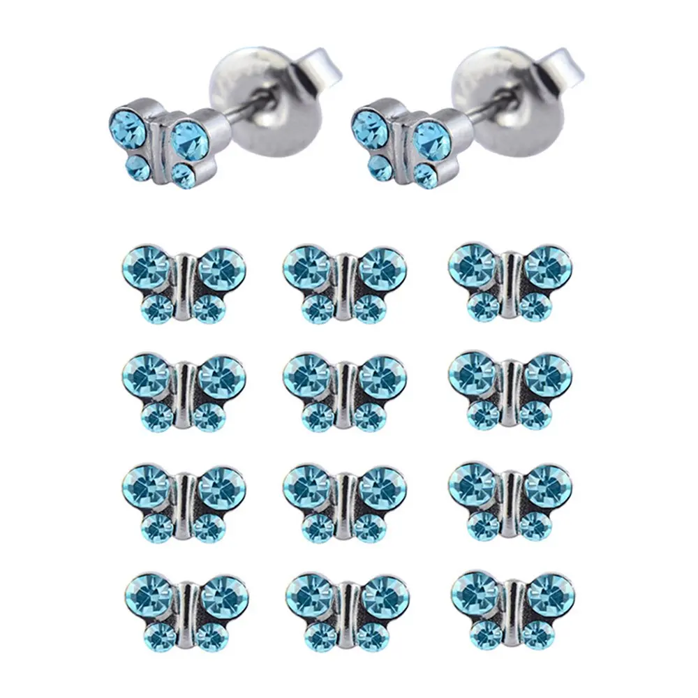 SS 6mmButterfly Aqua 12 пар хирургических серьги-гвоздики из нержавеющей стали с камнем рождения, серьги для пирсинга, серьги-гвоздики с кристаллами, ювелирные изделия в форме бабочки, короны, жемчуга, формы сердца - Окраска металла: SS 6mmButterfly Aqua