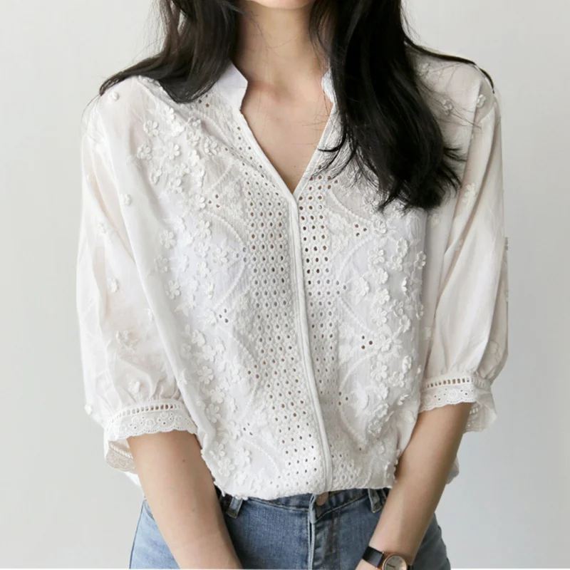 Открытые женские свободные белые рубашки с v образным вырезом и длинным рукавом