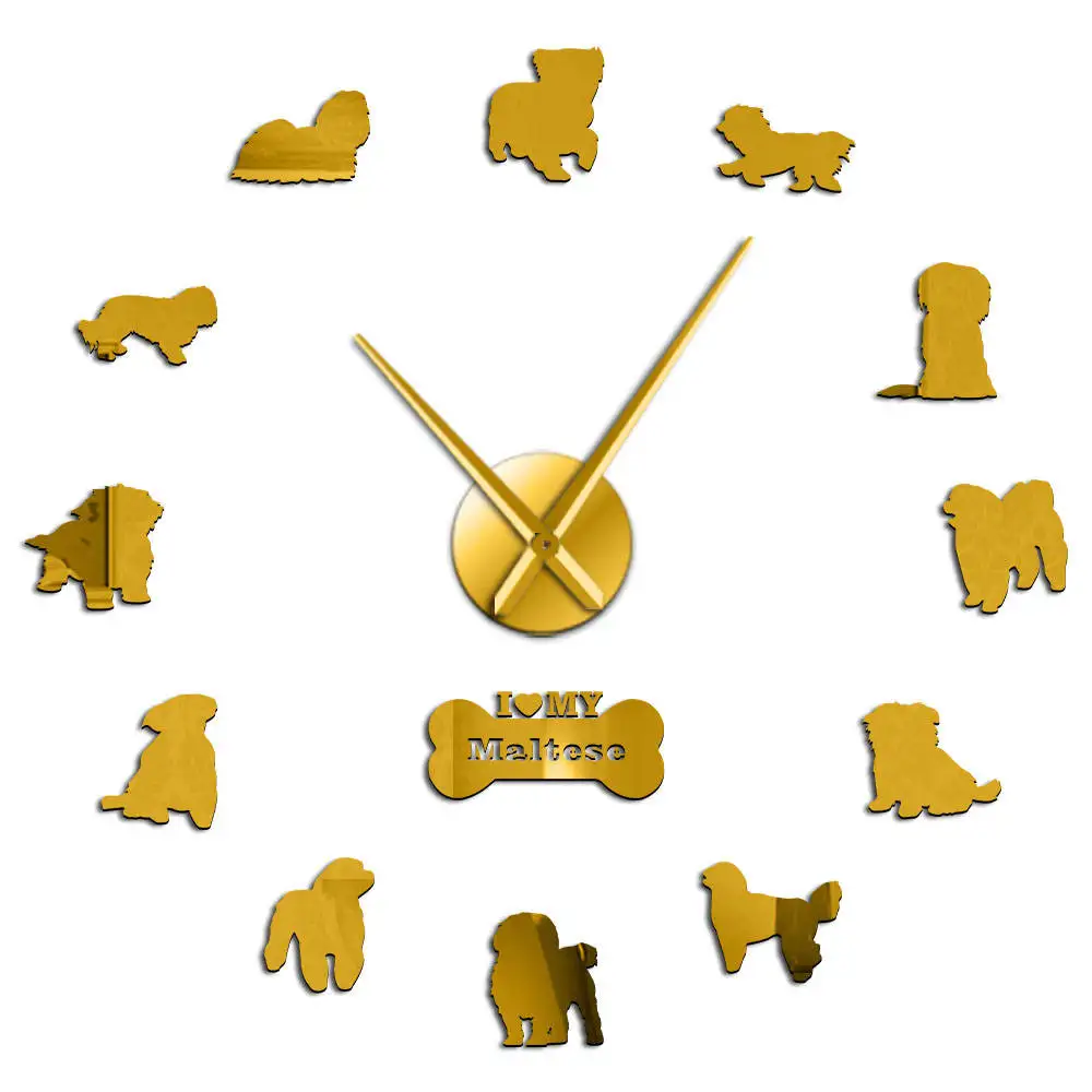 Gold Мальтийская собака породы бескаркасные 3D DIY настенные часы искусственный милый щенок Мальтийский Йоркширский терьер немой настенные часы подарок для любимого питомца - Цвет: Gold