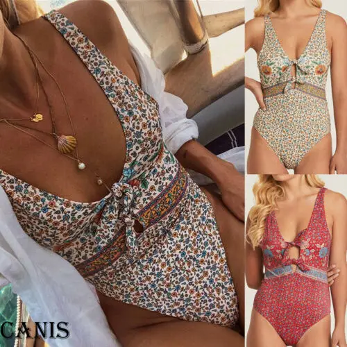 Сексуальный женский купальник с цветочным принтом и открытой спиной летнее