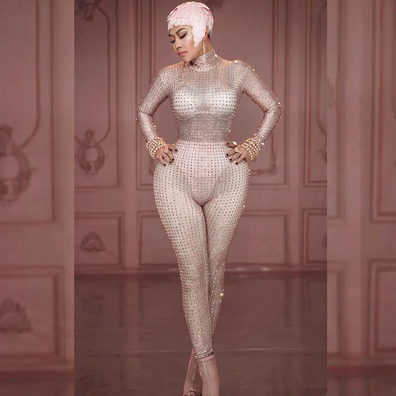 2019 Pink Rhinestones Nude Jumpsuit Sexy Performance Bodysuit Bra Short Pattern Rompers Stage Wear Celebrate Stretch Outfit