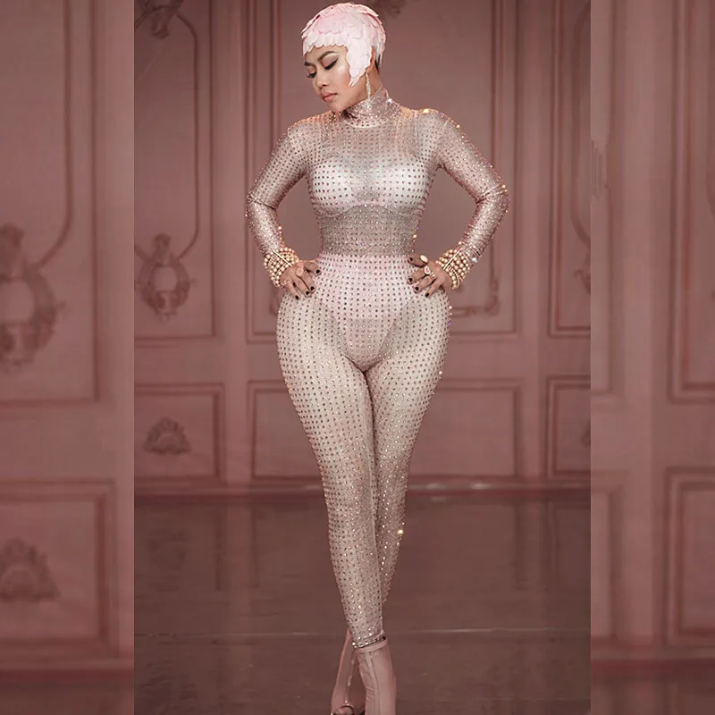 

2019 Pink Rhinestones Nude Jumpsuit Sexy Performance Bodysuit Bra Short Pattern Rompers Stage Wear Celebrate Stretch Outfit