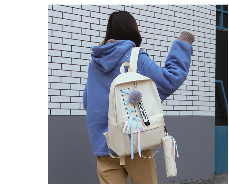 Women Backpack Korean Fashion Ribbon Bow 5pcs Cover Mother Bag Wild Large-capacity School Bag
