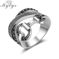 mytys line cross link with buckle unique design ring retro black color marcasite ring for women jewelry anillos mujer r2125