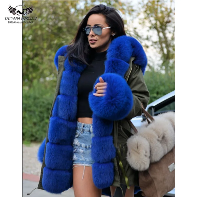 

Tatyana Furclub Real Fur Parka Coat 2021 New Winter Fur Jacket For Women Armygreen Outerwear With Blue Fur Collar Fashion Parkas