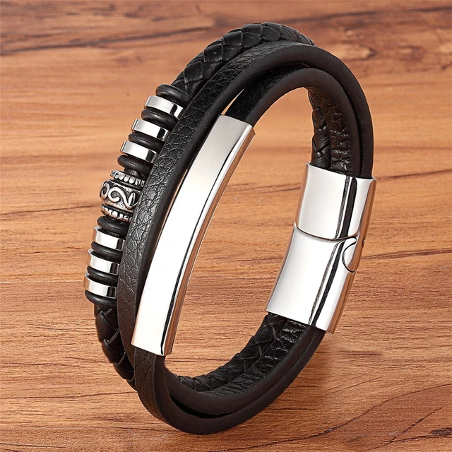 Geometrically Irregular Graphics Stainless Steel Genuine Leather Bracelet 1