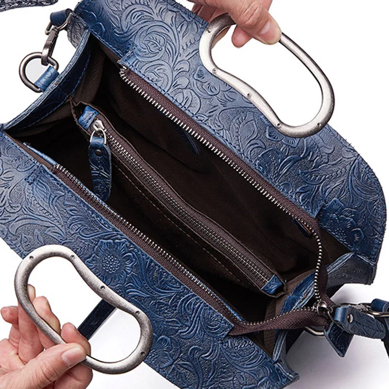 

Top Quality Natural Skin Women Tote Shoulder Messenger Handbag Genuine Leather Retro Embossed Female Top Handle Cross Body Bag