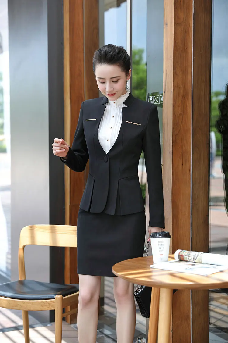 black top and skirt IZICFLY Серый Блейзер и брюки набор для женщин Униформа Женский костюм с брюками элегантный тонкий бизнес Blezer Femenina офисная одежда - Цвет: black top and skirt