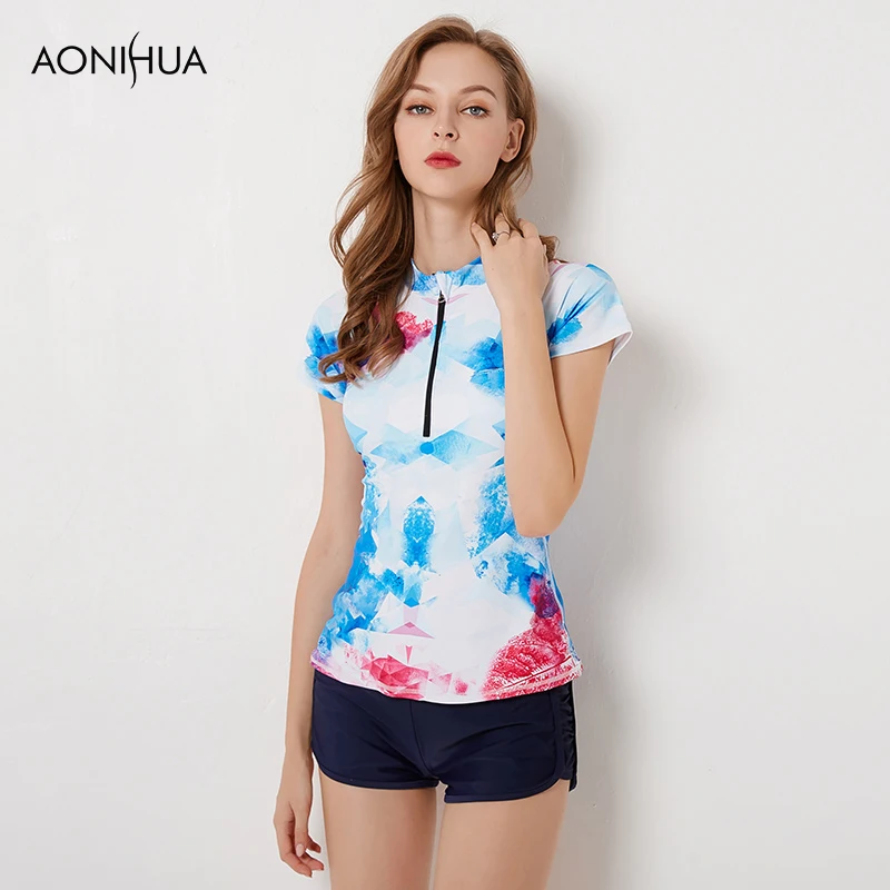Женский купальный костюм AONIHUA с коротким рукавом облегающий для плавания пляжная
