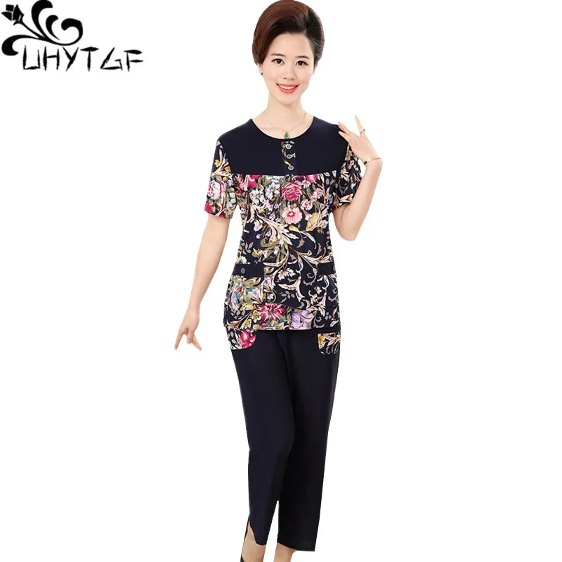 

UHYTGF Elastic Ice Silk Summer 2 Piece Set Women Fashion Flowers Printing Pants And Tops Big Size Two Piece Sets For Women 1293