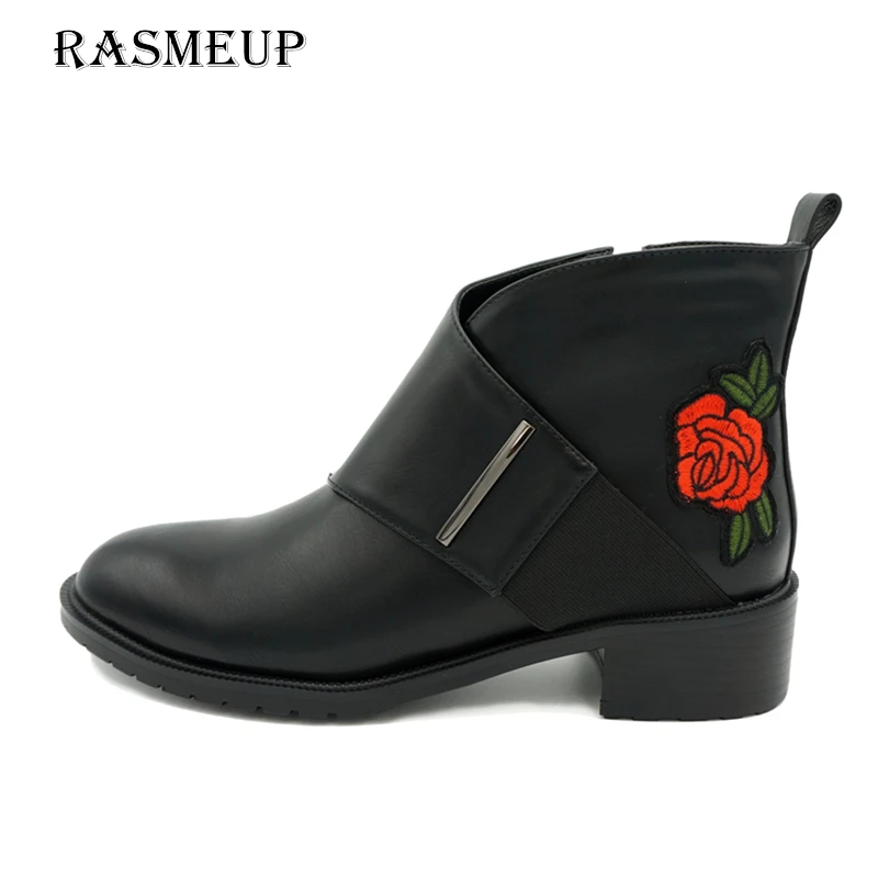 RASMEUP/распродажа женские ботинки Челси с вышитыми цветами модная кожаная обувь на