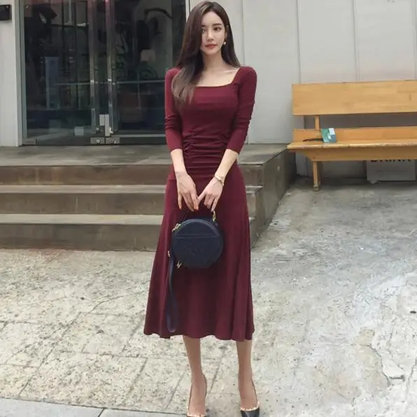 Women New Elegant Red Square Collar Slim Long Midi Dress Bodycon Formal Party Office Lady Autumn Spring 2019 DC865 | Женская одежда