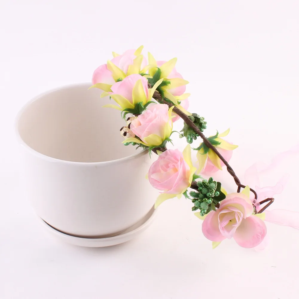 

Детская Цветочная корона, повязка на голову с цветами для девочек, свадебный головной убор, головной убор с цветами розы, аксессуары для вол...