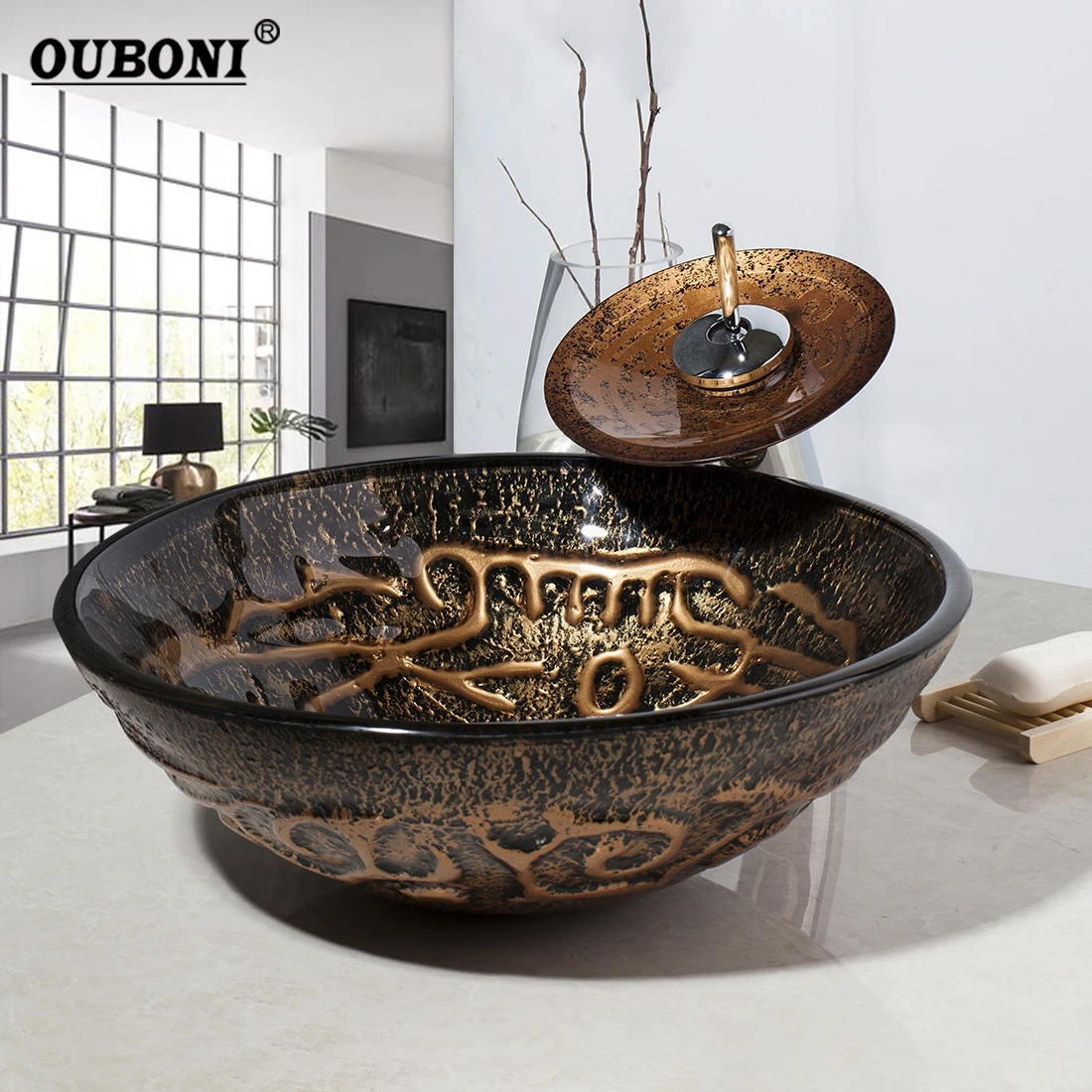 OUBONI Овальный умывальник из бамбука, Черный кран, раковина для ванной комнаты, умывальник из закаленной керамики, ручная роспись, для ванны, латунный набор, кран, смесители