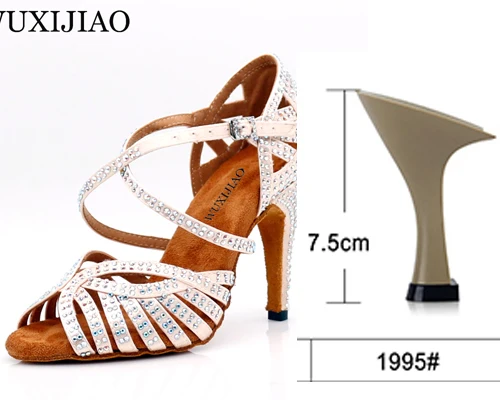 apricot heel 7.5cm WUXIJIAO Танцевальная обувь джаз обувь для латинских танцев для женщин сальса латинские туфли для девочек бальные туфли для латинских танцев черная бронзовая кожа Curban Heel - Цвет: apricot heel 7.5cm