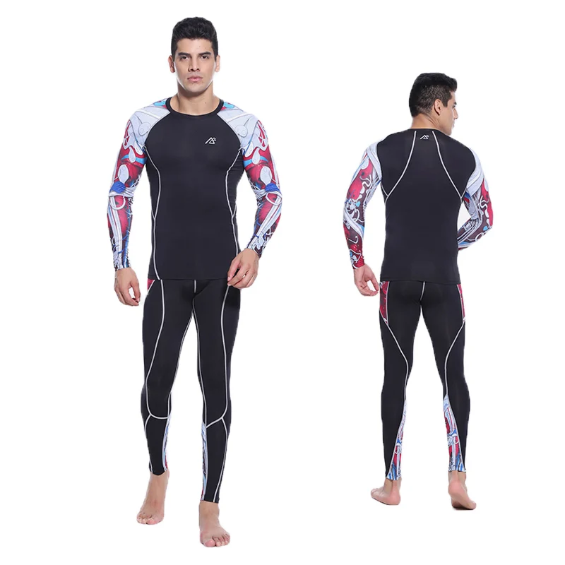 Мужские компрессионные комплекты для фитнеса футболка с длинным рукавом и штаны