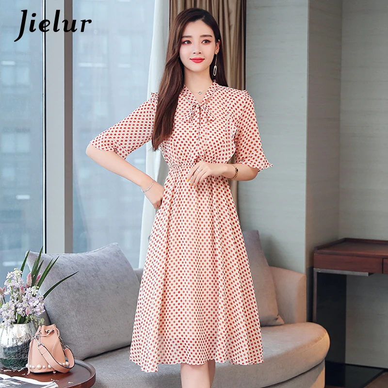 Jielur Summer Dresses Women V-neck Lace-up Chiffon Polka Dots Young Midi Dress Korean Elegant Retro Leisure Street Robe Femme | Женская