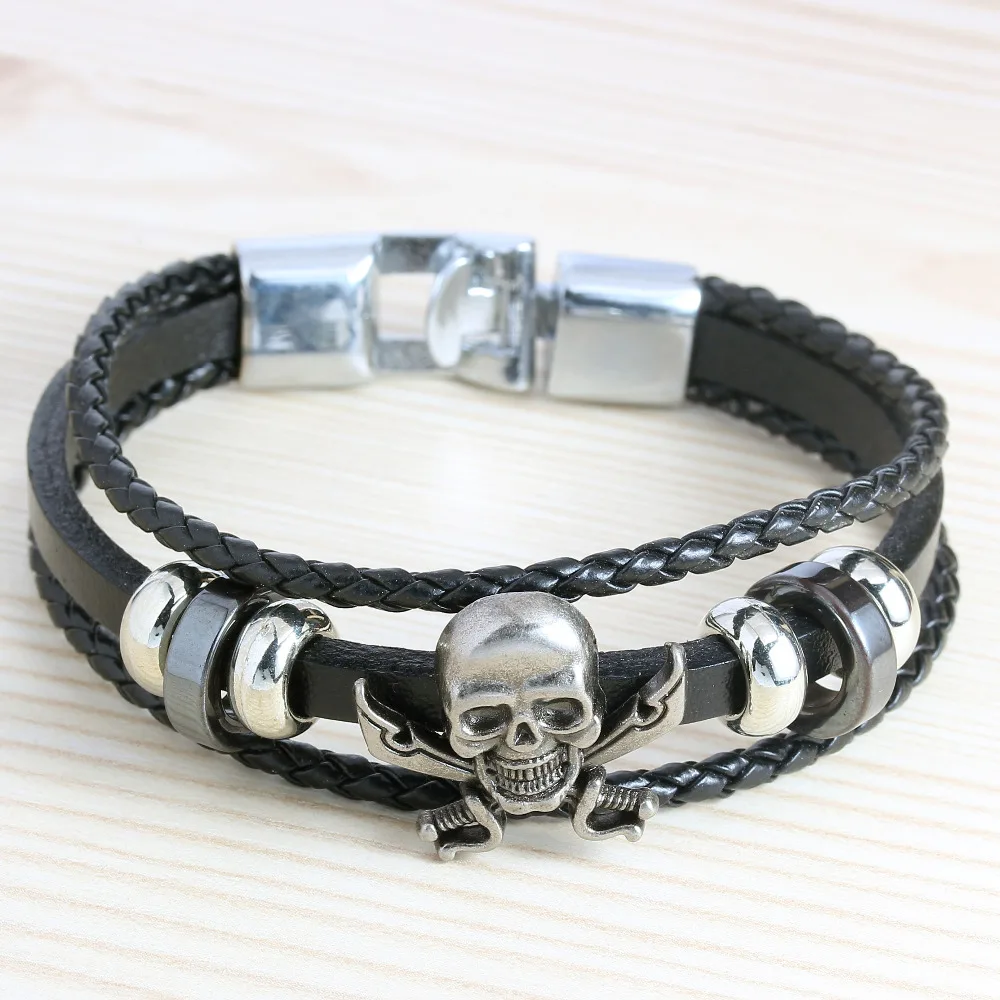 Мужской кожаный браслет 5 шт./лот черный с подвесками украшенный бусинами В