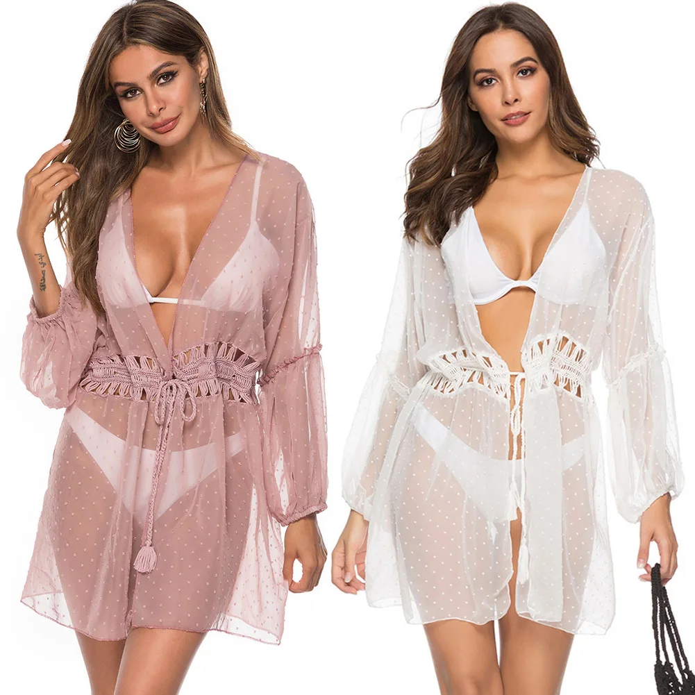 Women Breathable Sunscreen Wave Point Swimwear Holiday Cover Up Summer Soft Thin Blouse Beach Lace Long Sleeve Bikini Wear |