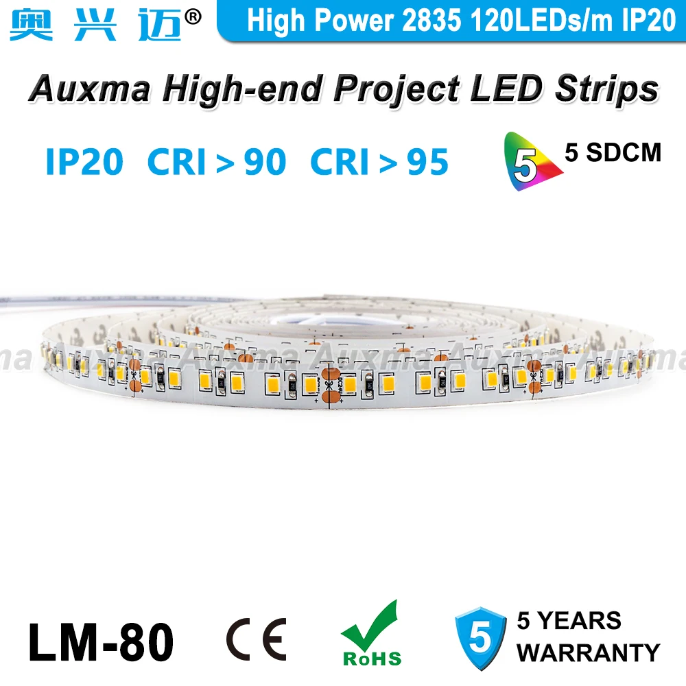 Высокая Мощность 2835 120 светодиодов/m Светодиодные ленты, CRI95 CRI90, IP20 DC12V/24 V, 28,8 Вт/м 19,2 Вт/м 600 светодиодов/Катушка, не водонепроницаемый для лобби