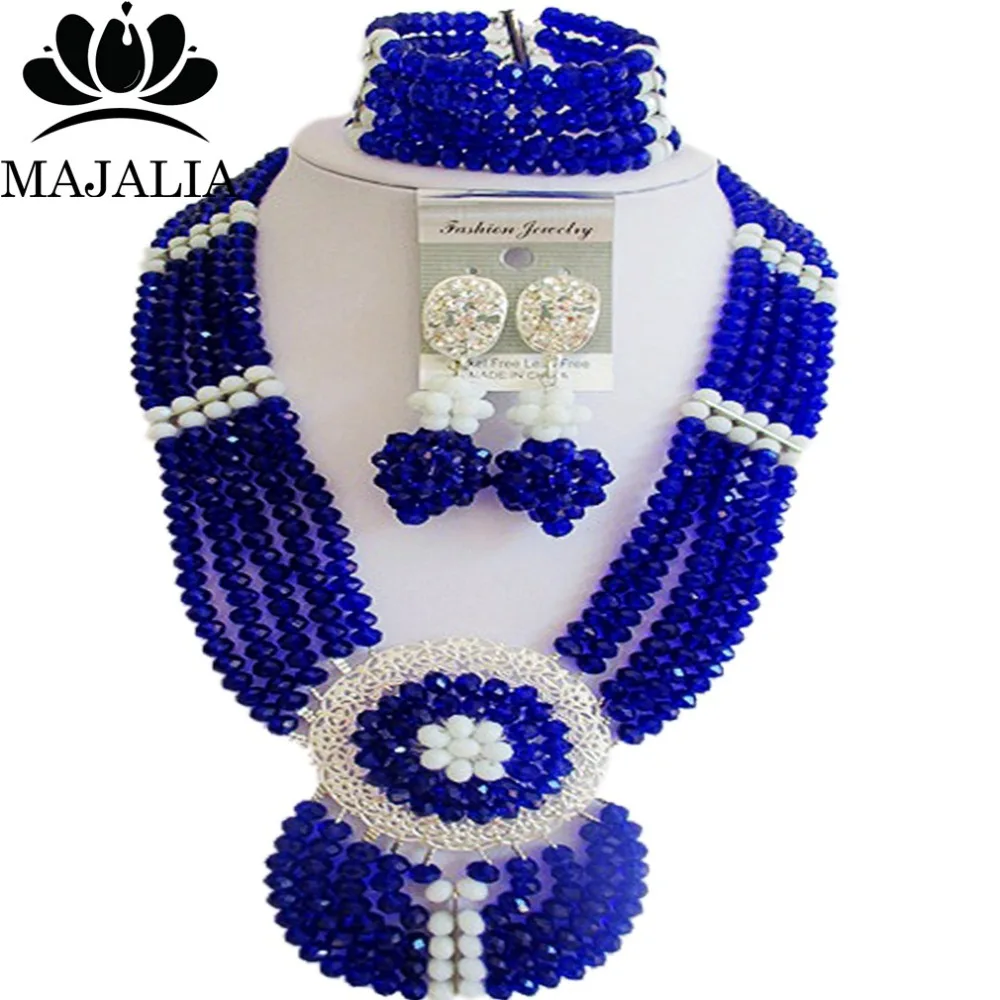 

Majalia Fashion Nigeria Wedding African Beads Jewelry Set Royal blue and White Crystal Necklace Bridal Jewelry Sets 6DN042