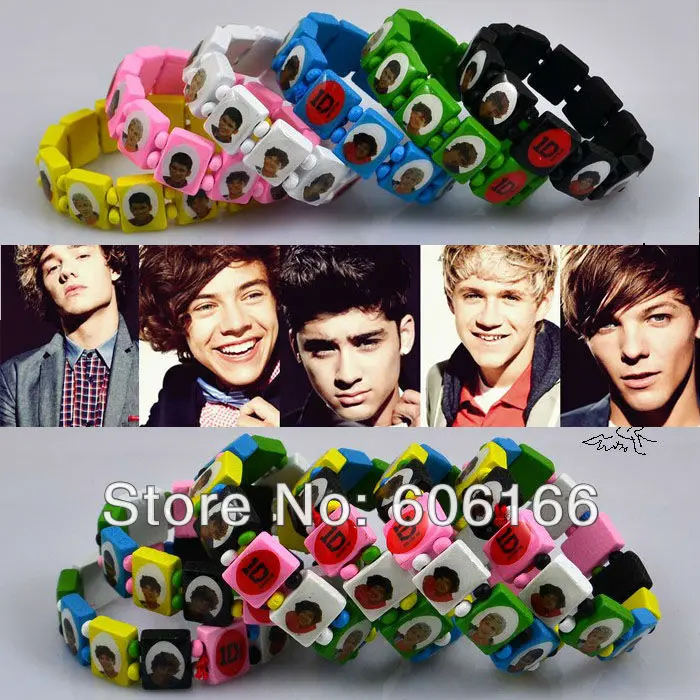 

Оптовая продажа 84 шт./лот Горячая новинка 1D I Love One Direction Super Star Смешанные Цвета Деревянные Стрейчевые браслеты для вечеринки подарок модные ю...