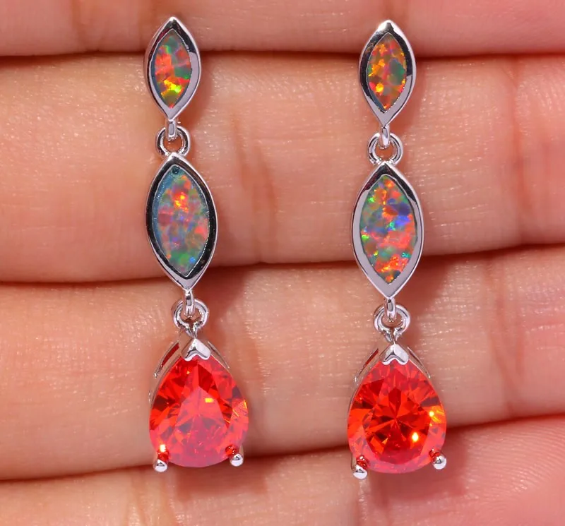 Серьги гвоздики женские с оранжевым огненным опалом серебряное покрытие 1 1/4