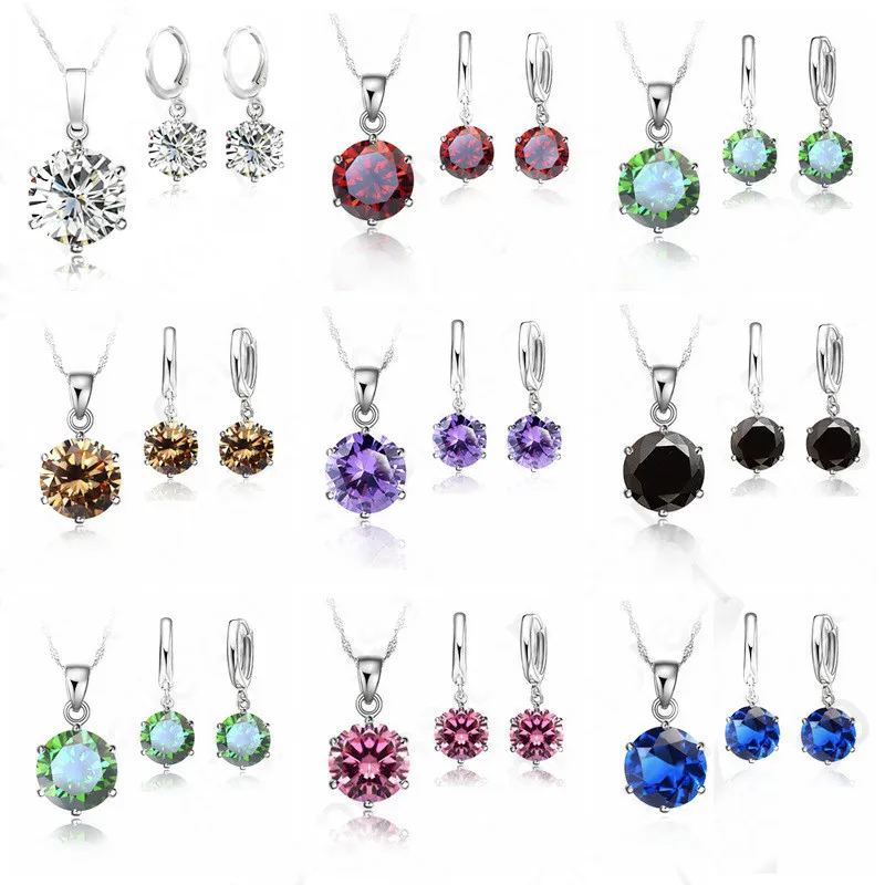 

Woman 925 Sterling Silver 8MM Jewelry Sets Cubic Zircon Crystal Lever Back Earrings Pendant Necklace Nice Gifts 8MM Stone