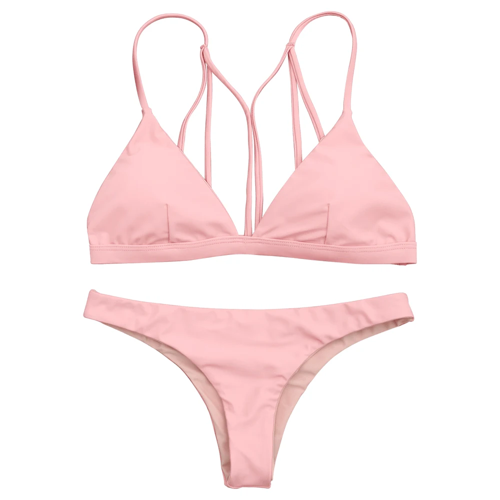 Shallow Pink ZAFUL, бикини, на спине, с бретельками, Мягкий купальник, для женщин, Одноцветный, на бретельках, на шнуровке, купальник, Мягкий купальник, женский купальник - Цвет: Shallow Pink