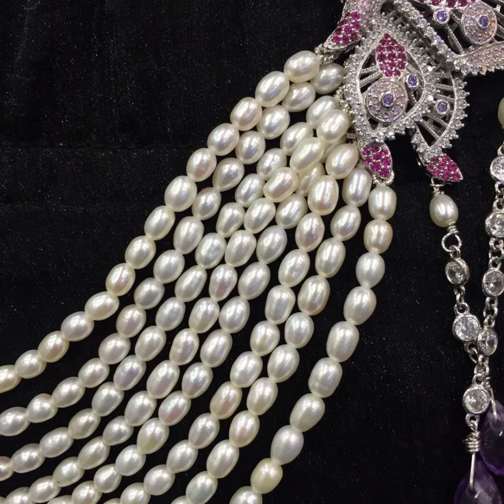 ?? ロングナチュラル淡水真珠ネックレス小さなパールライス形状マルチ層 925 スターリングシルバー立方ジルコン蝶