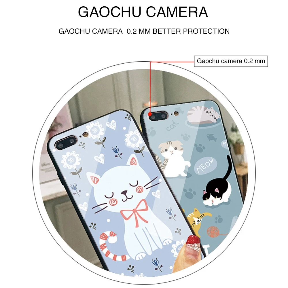 Heyytle Cute Cat Pattern Phone Case For iPhone X 8 7 6 6s Plus Cases Couple Tempered Glass Cover Anti-fall Cartoon Shell |