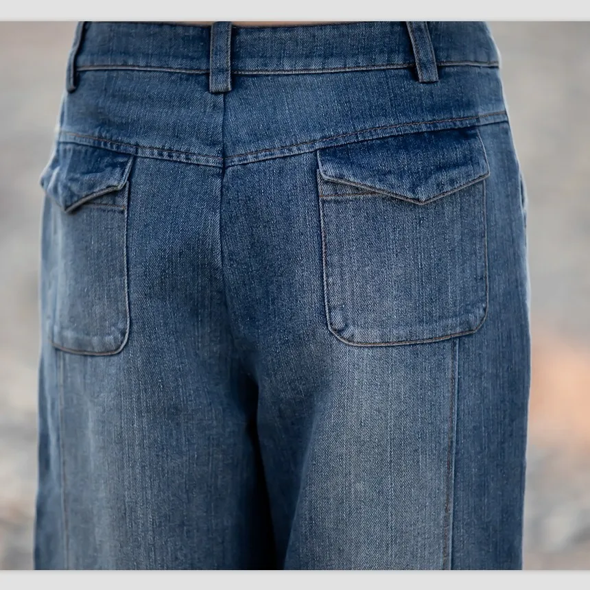 Джинсы женские прямые из смесовой хлопка с высокой талией на осень/зиму|jeans plus|plus