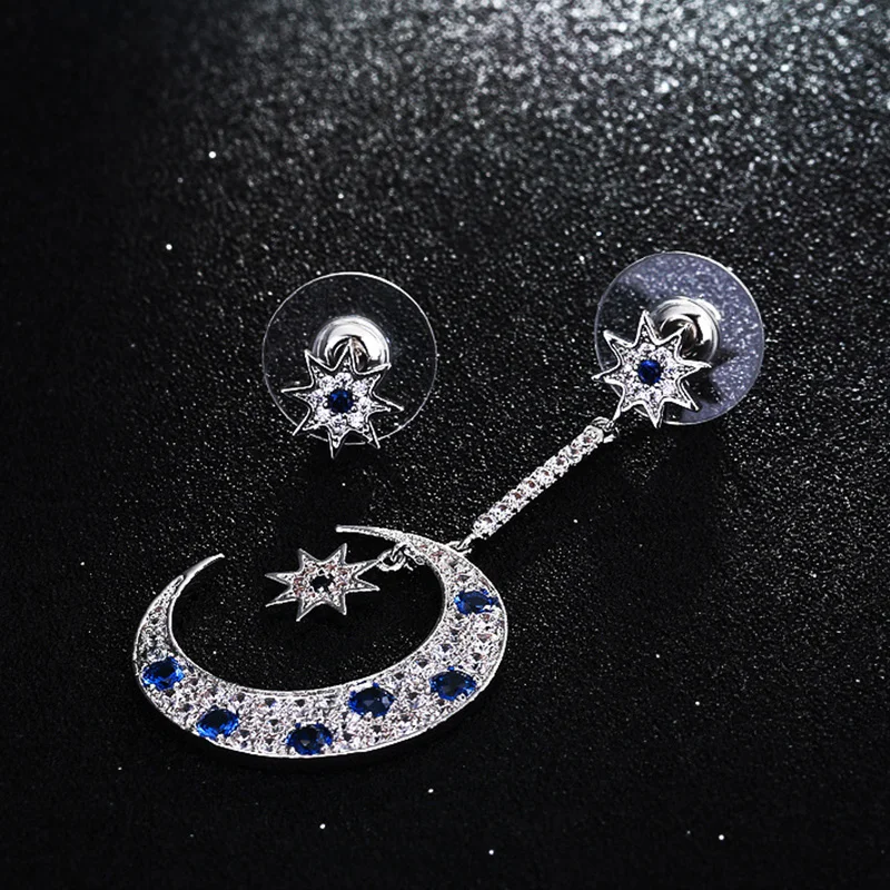 

DOKOL Trendy Women Earrings Dangle Star and Moon Inlay Blue CZ Stione Elegant Silver Color Drop Earring for Party DKE0128
