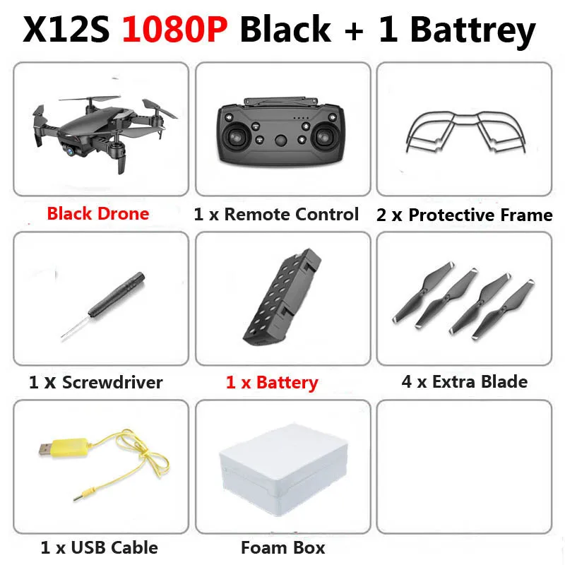 1080P Black 1B Foam X12S мини складной Дрон с камерой 4K 1080P широкоугольный WiFi FPV удерживающий высоту RC Квадрокоптер Вертолет игрушка SG106 E58 - Цвет: 1080P Black 1B Foam