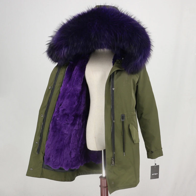 green purple Водонепроницаемая длинная парка от OFTBUY, пальто с натуральным мехом, зимняя женская куртка, воротник из натурального меха енота, подкладка из натурального кроличьего меха, съемная теплая - Цвет: green purple