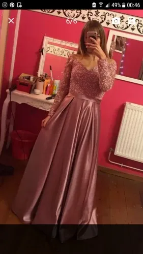 dusty pink Изящное вечернее платье с длинными рукавами vestido de festa Longo, бальное платье с бисером, кружевные платья для выпускного вечера Robe De Soiree - Цвет: dusty pink