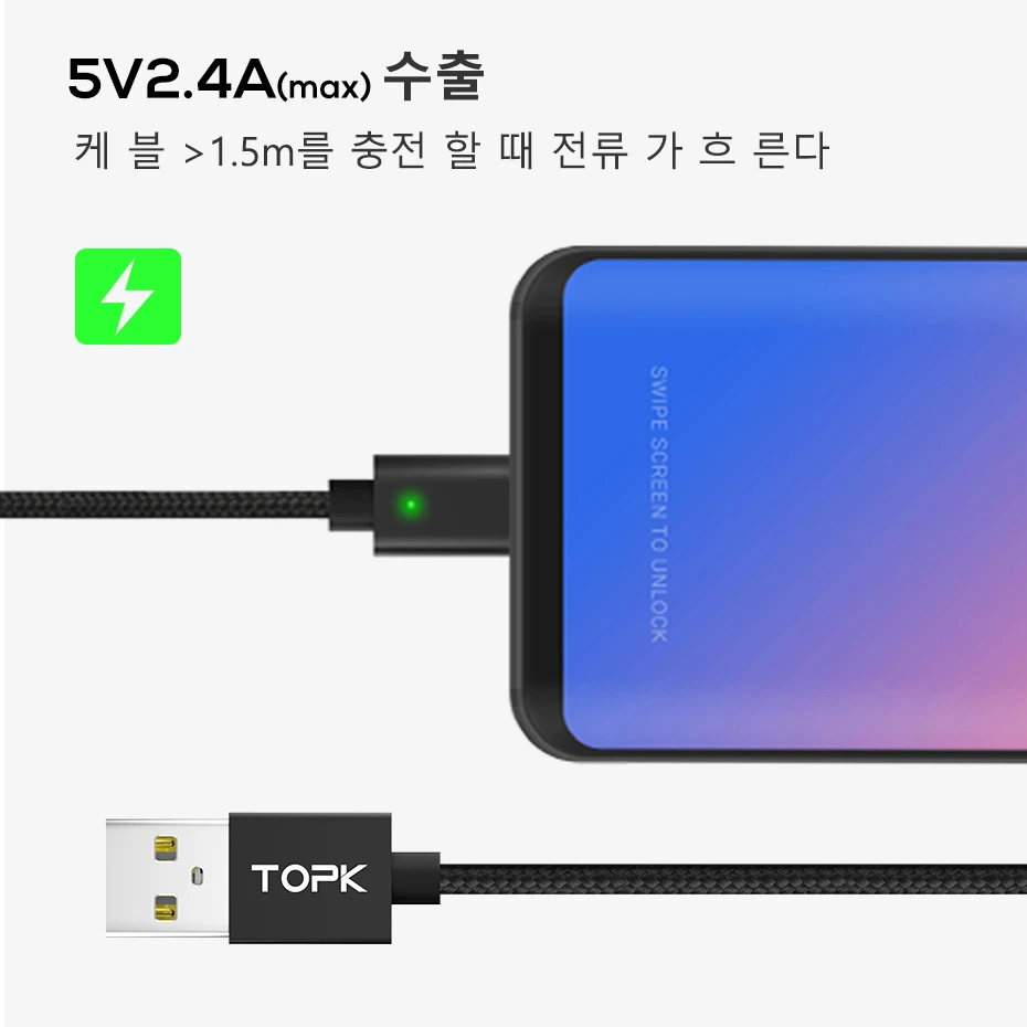 TOPK 1M 2M 2.4A Магнитный кабель type C, обновленный нейлоновый светодиодный кабель с индикатором USB C для зарядки и синхронизации данных USB C кабель для samsung