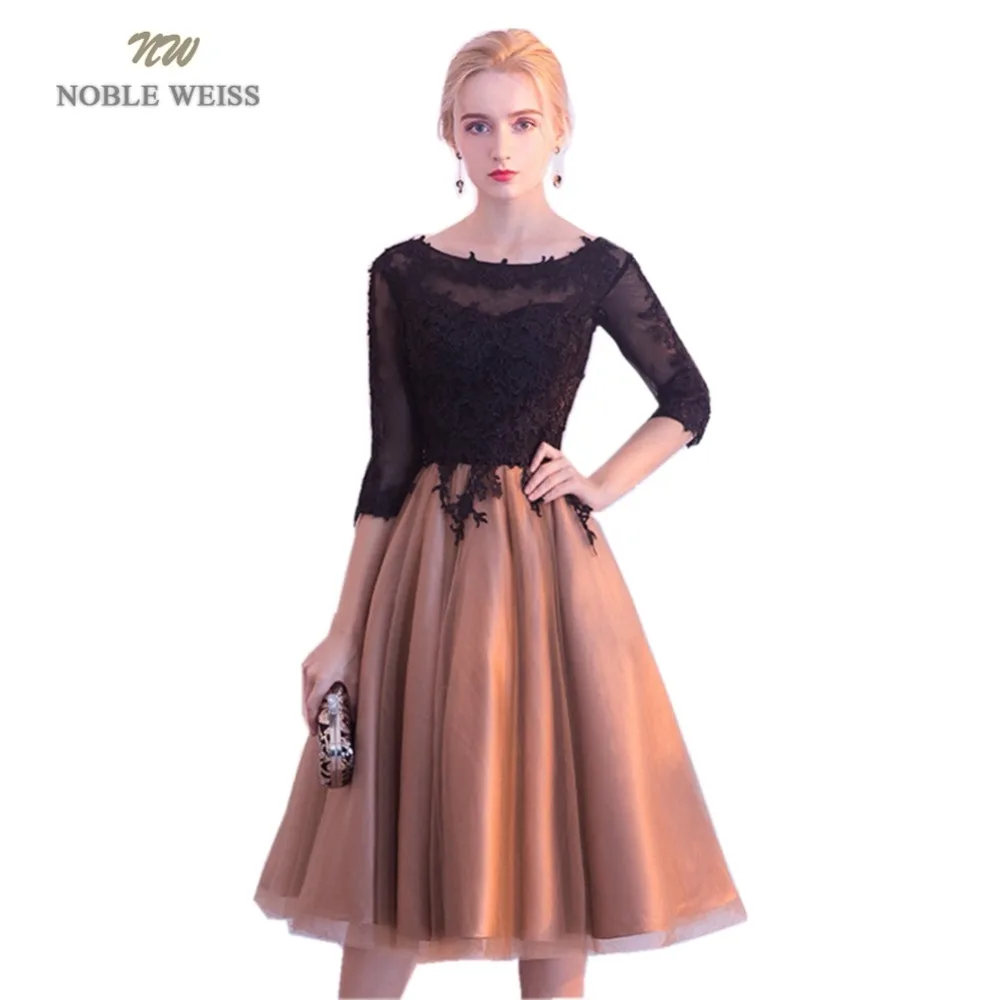 

NOBLE WEISS Hot Sale Champagne Tulle Short Prom Dresses Appliques Robe De Soiree A-Line In Stock Prom Dress With 3/4 Sleeves