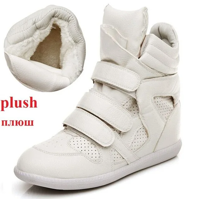 white plush Модные женские зимние ботильоны; женские кроссовки на платформе с застежкой-липучкой; повседневная обувь; высокие сапоги, увеличивающие рост; Botas - Цвет: white plush