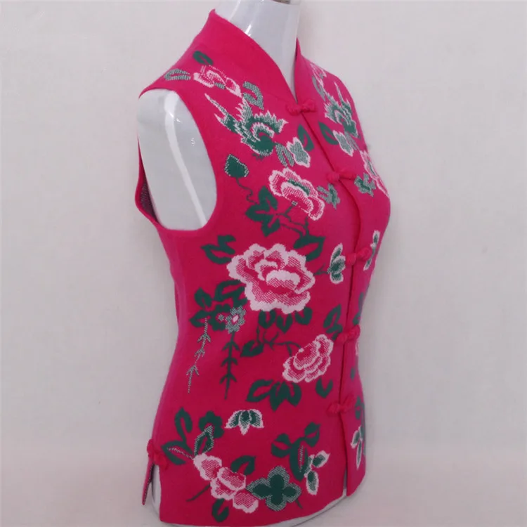 

pure goat cashmere jacquard knit women fashion chinese style stand collar sleeveless vest sweater rose red 2color S/5XL