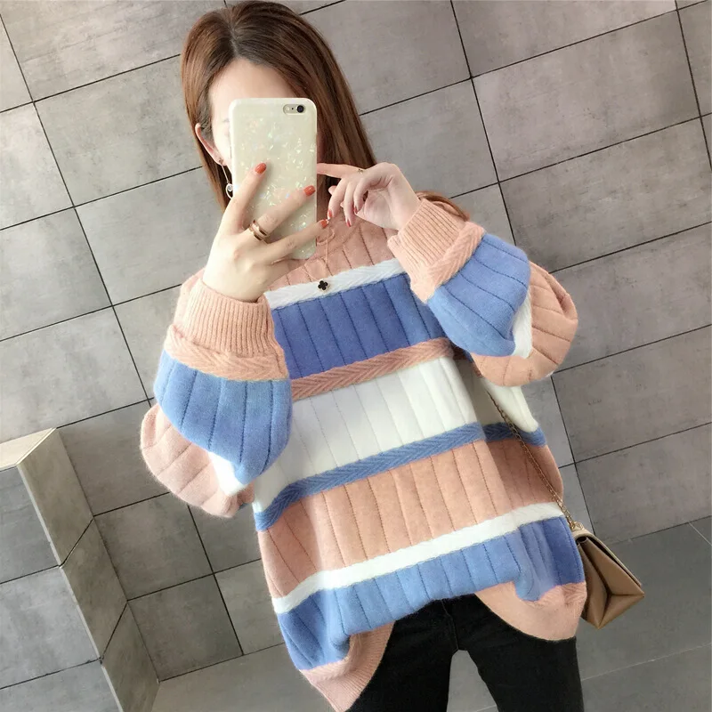 Casual loose mixed colors striped o-neck pullover sweater autumn winter 2018 mori girl | Женская одежда