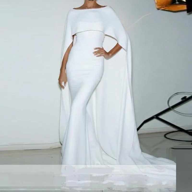 

vestido longo Mermaid Evening Gown robe de soiree Elegant Formal Dresses White Custom Made Long Evening Dress Cape Sleeve Abiye