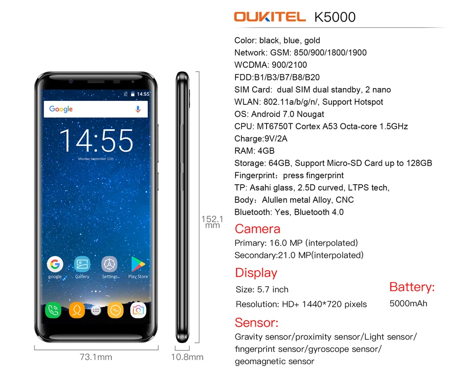 Oukitel K5000 смартфон 21 МП 16 МП 4G LTE 5000 мАч 4 Гб 64 Гб MTK6750 Восьмиядерный мобильный телефон 5," HD отпечатков пальцев type-C мобильные телефоны