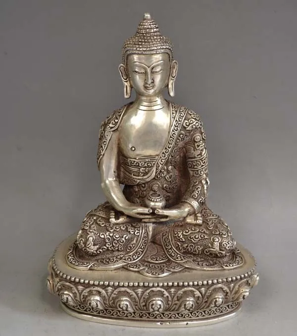 Изысканный Китайский Старый тибетский серебряный буддизм статуя Будды